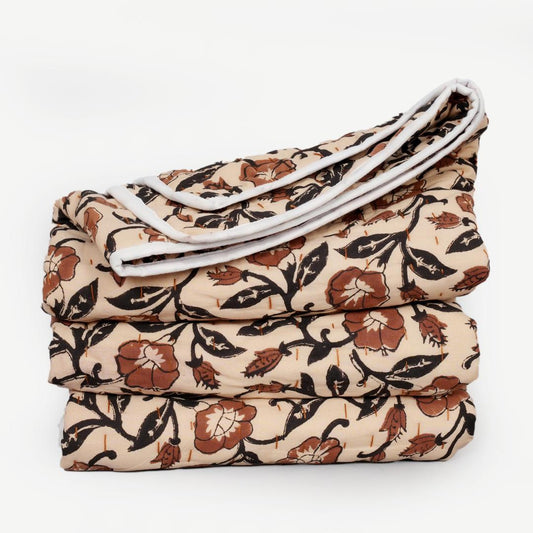 Brown Floral Cotton Quilt – Hand Block Printed Farmhouse Bedding