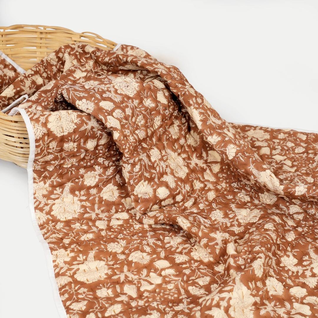 Brown Floral Cotton Quilt – Hand Block Printed Farmhouse Bedding