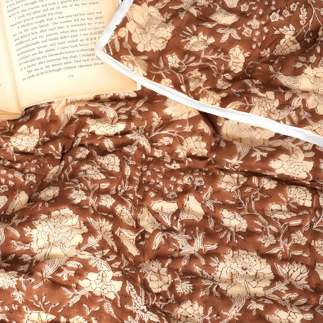Brown Floral Cotton Quilt – Hand Block Printed Farmhouse Bedding
