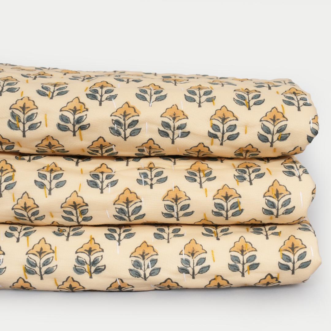 Yellow Floral Cotton Quilt – Hand Block Printed Cottage Bedding