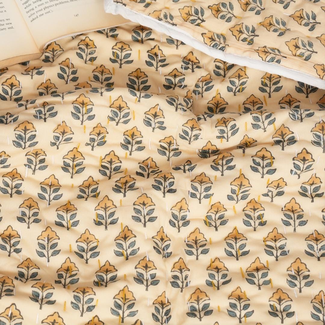 Yellow Floral Cotton Quilt – Hand Block Printed Cottage Bedding