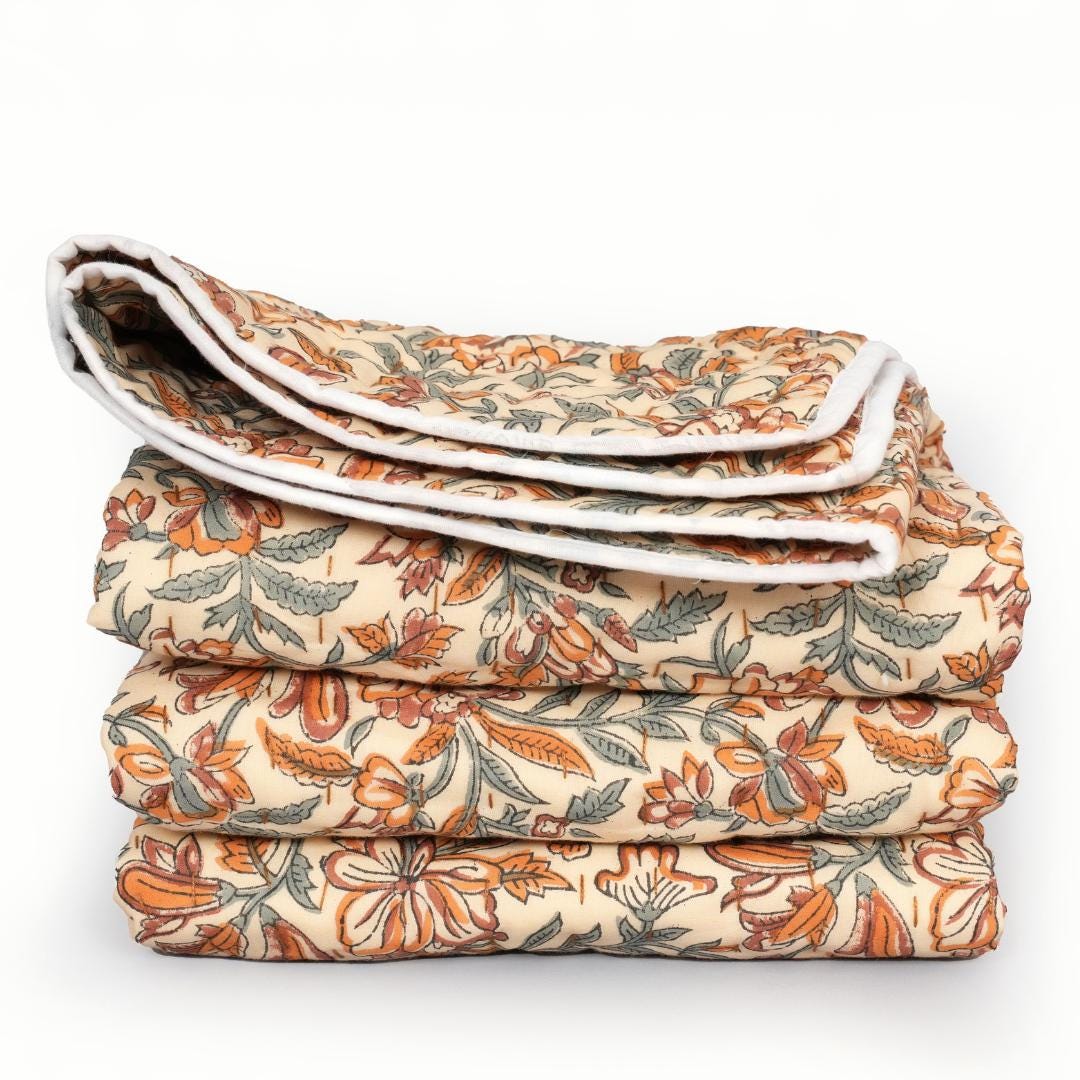 Teal Floral Cotton Quilt – Fall quilt, Lightweight Bedding, French Country Cottage Bedspread