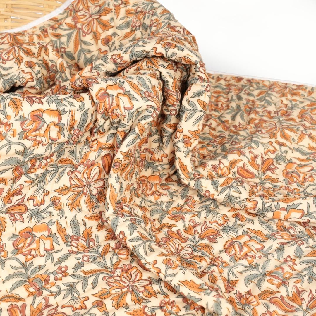 Teal Floral Cotton Quilt – Fall quilt, Lightweight Bedding, French Country Cottage Bedspread