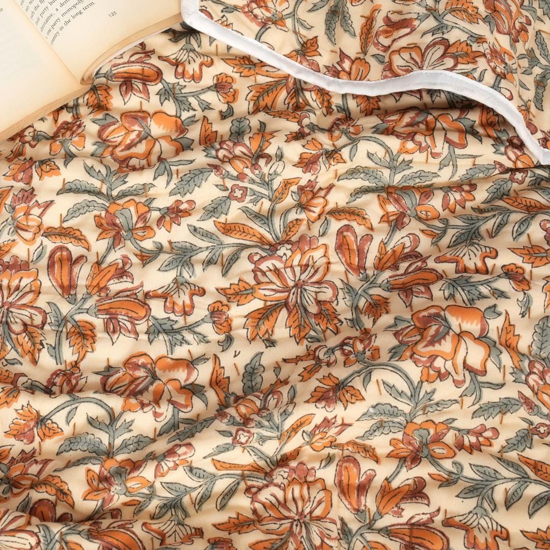 Teal Floral Cotton Quilt – Fall quilt, Lightweight Bedding, French Country Cottage Bedspread