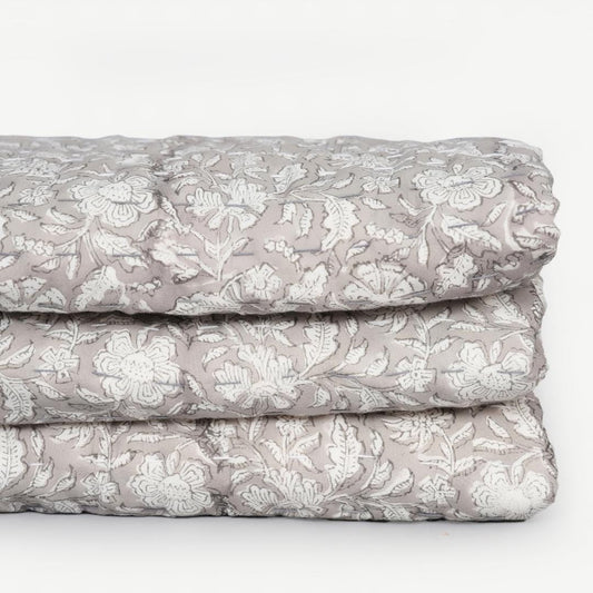 Gray Floral Cotton Quilt – Hand Block Printed Cottage Bedding