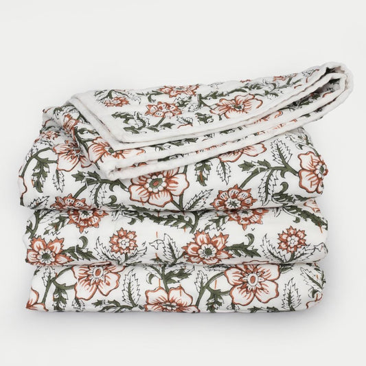 Floral Cotton Quilt – Hand Block Printed Lightweight Farmhouse Bedding