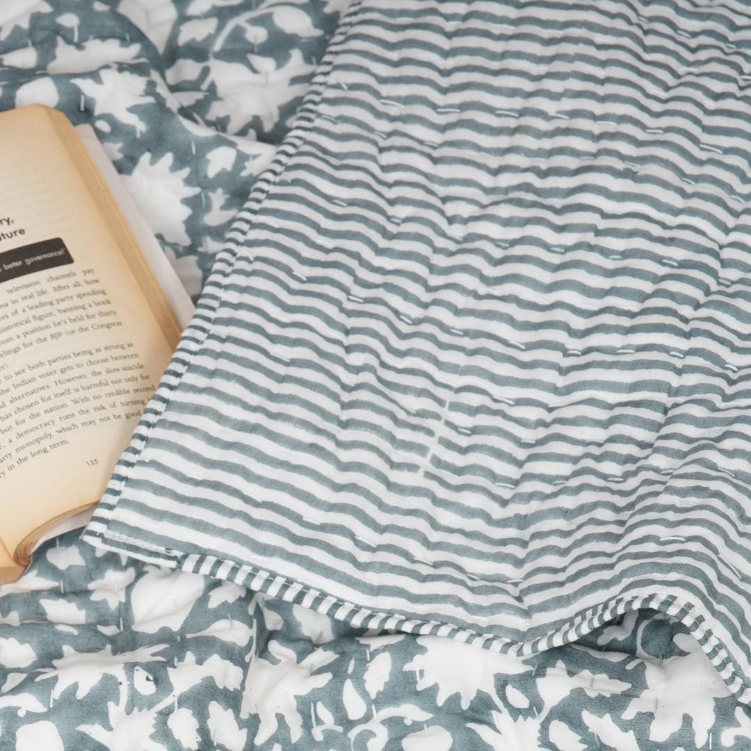 Blue Gray Floral Cotton Quilt – Hand Block Printed Reversible Farmhouse Bedspread