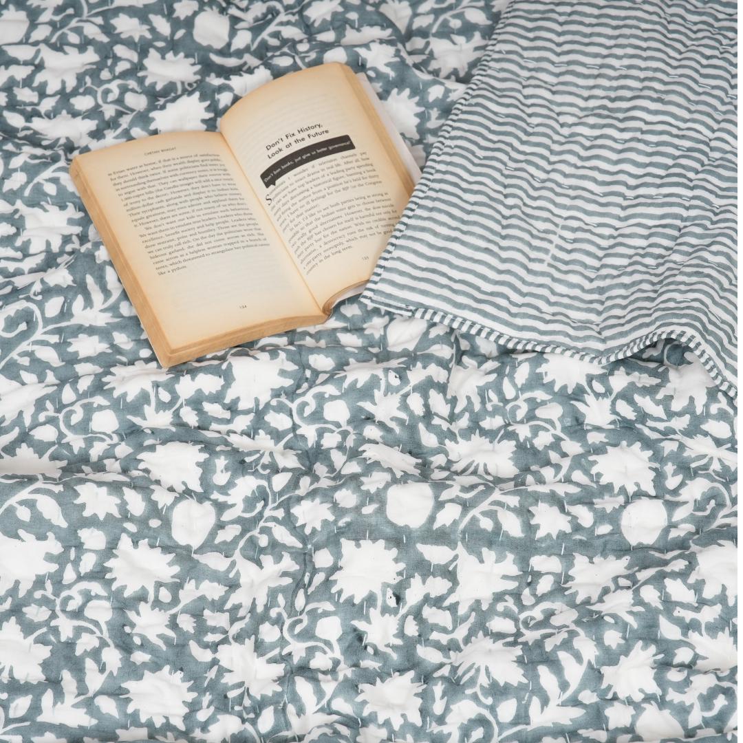 Blue Gray Floral Cotton Quilt – Hand Block Printed Reversible Farmhouse Bedspread