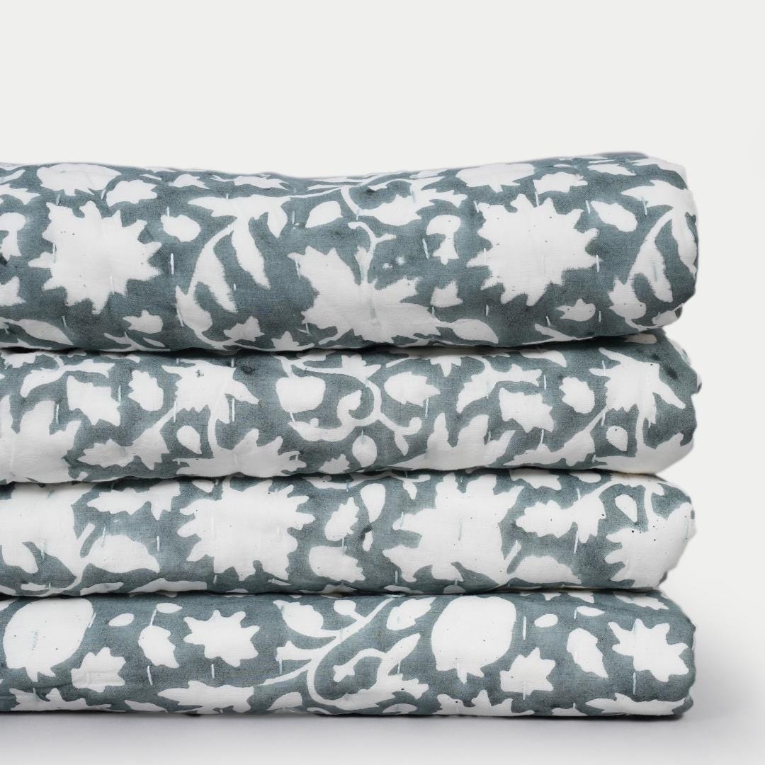 Blue Gray Floral Cotton Quilt – Hand Block Printed Reversible Farmhouse Bedspread