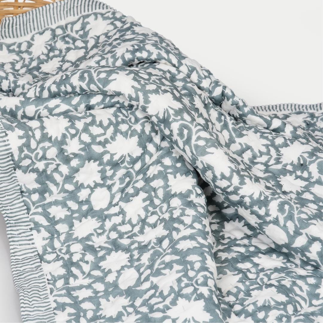 Blue Gray Floral Cotton Quilt – Hand Block Printed Reversible Farmhouse Bedspread