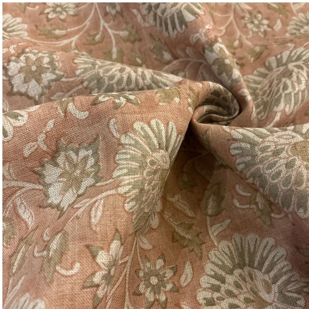 Pink & Sage Floral Linen Fabric by the Yard – Hand Block Printed Upholstery Fabric