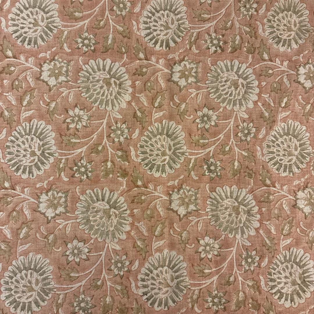 Pink & Sage Floral Linen Fabric by the Yard – Hand Block Printed Upholstery Fabric
