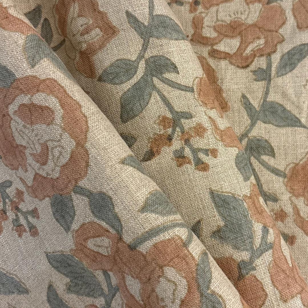 Pink Floral Linen Fabric by the Yard – Hand Block Printed Upholstery & Curtain Fabric