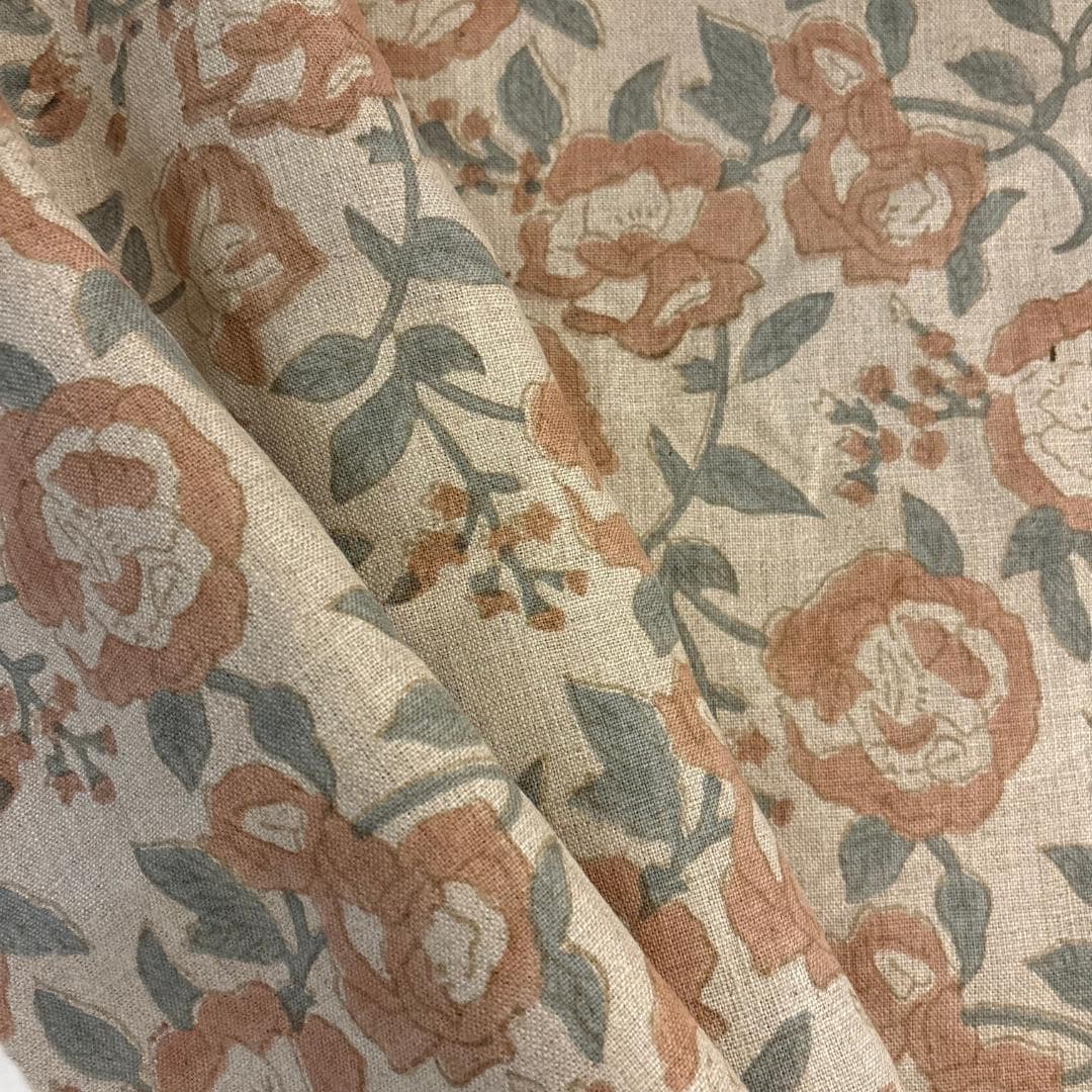 Pink Floral Linen Fabric by the Yard – Hand Block Printed Upholstery & Curtain Fabric