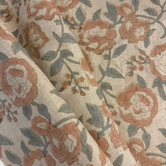 Pink Floral Linen Fabric by the Yard – Hand Block Printed Upholstery & Curtain Fabric