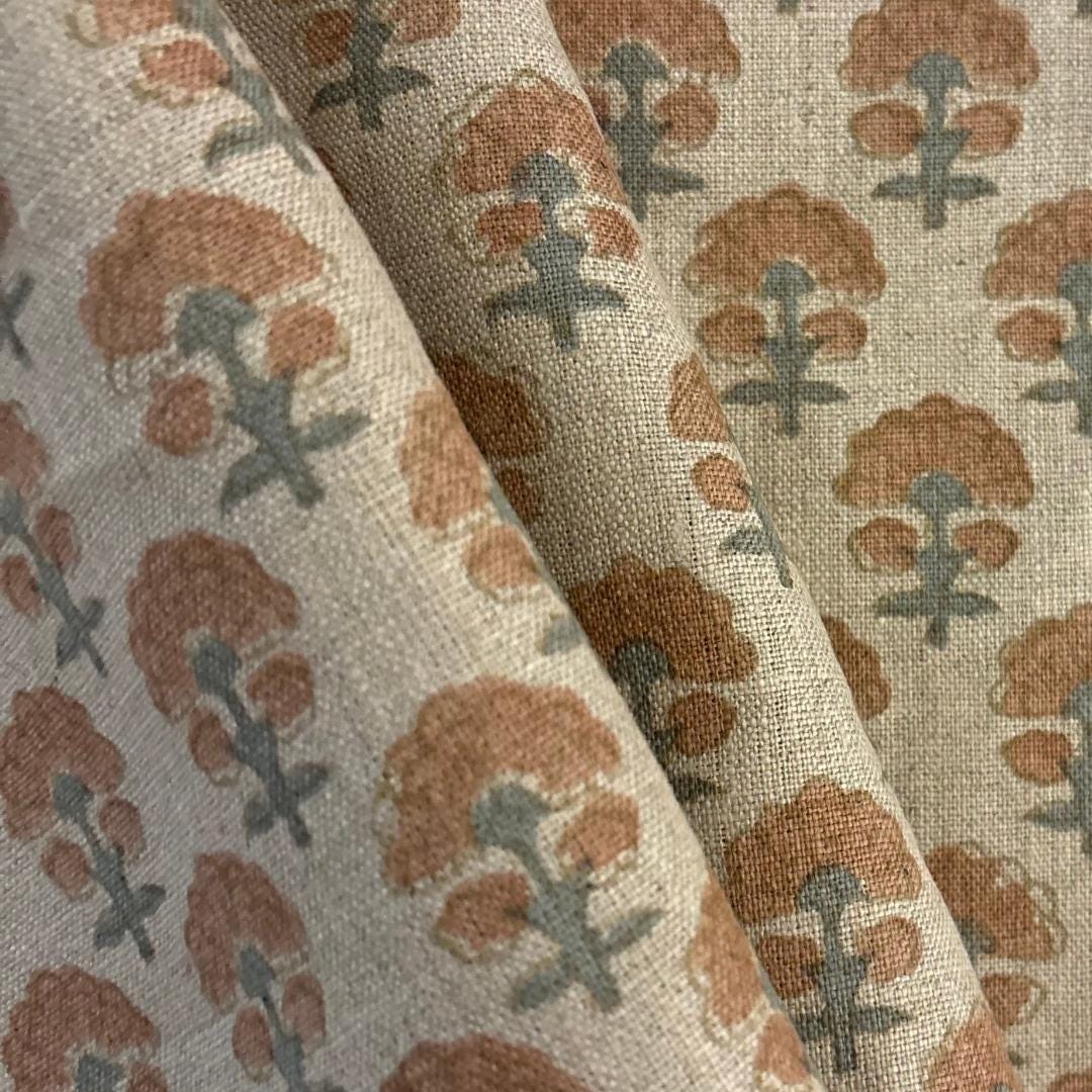 Pink & Teal Floral Linen Fabric by the Yard – Hand Block Printed Upholstery Fabric