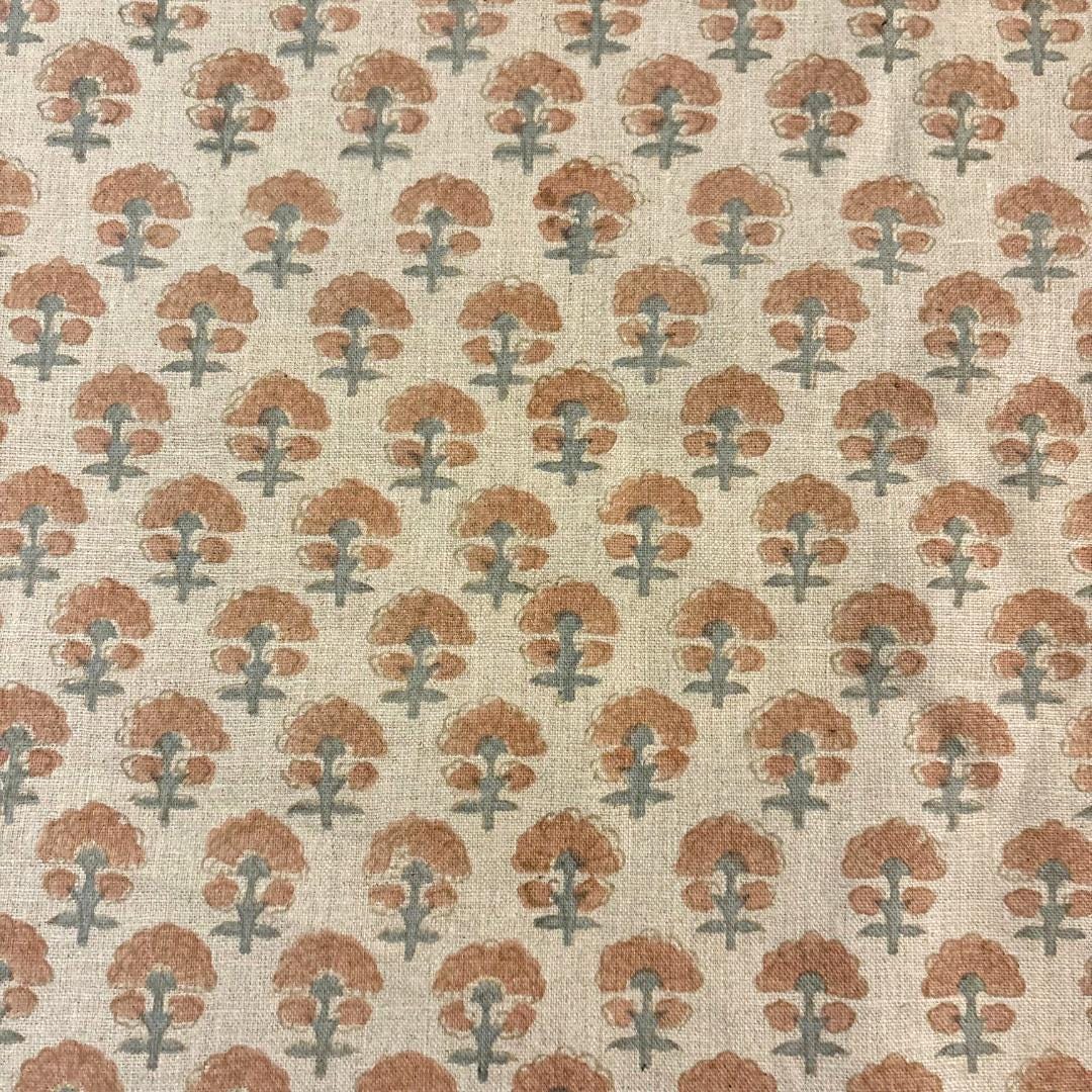 Pink & Teal Floral Linen Fabric by the Yard – Hand Block Printed Upholstery Fabric