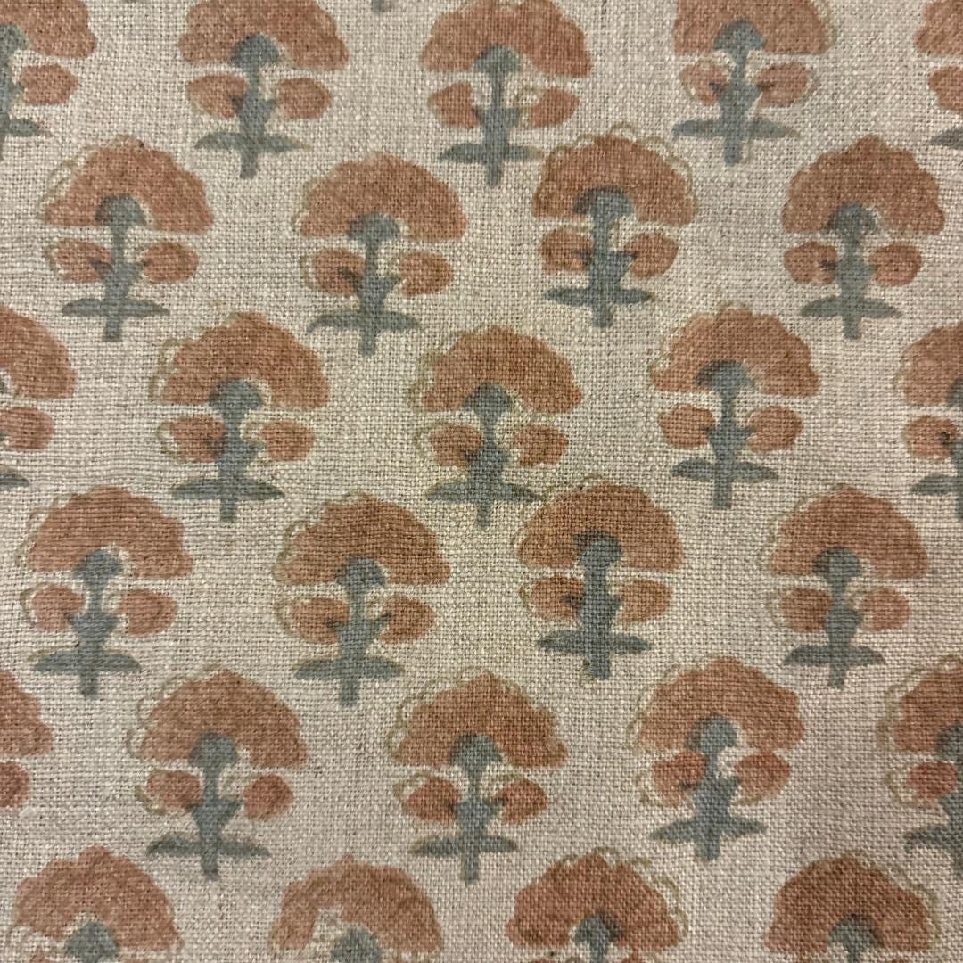 Pink & Teal Floral Linen Fabric by the Yard – Hand Block Printed Upholstery Fabric