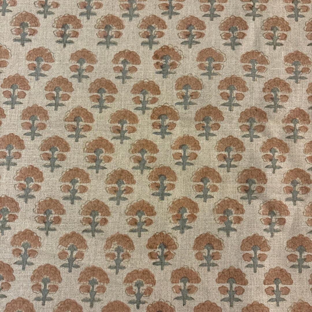 Pink & Teal Floral Linen Fabric by the Yard – Hand Block Printed Upholstery Fabric