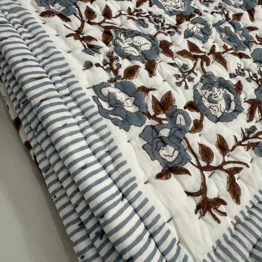 Brown Floral Cotton Quilt – Hand Block Printed Farmhouse Bedding