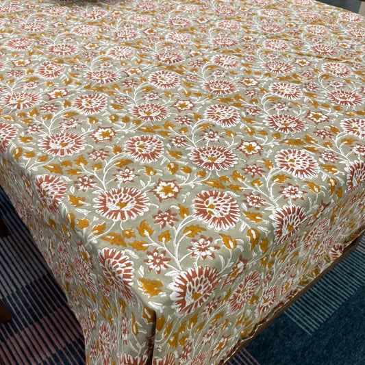 Green Floral Fall Tablecloth – Block Printed Dining Table Cover, French Country Farmhouse Fall Decor