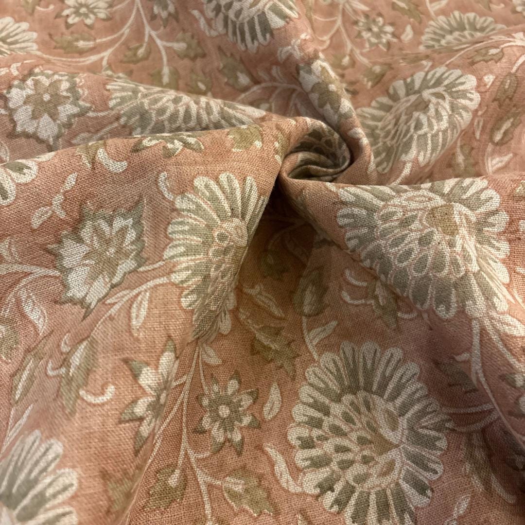 Pink & Sage Floral Linen Fabric by the Yard – Hand Block Printed Upholstery Fabric