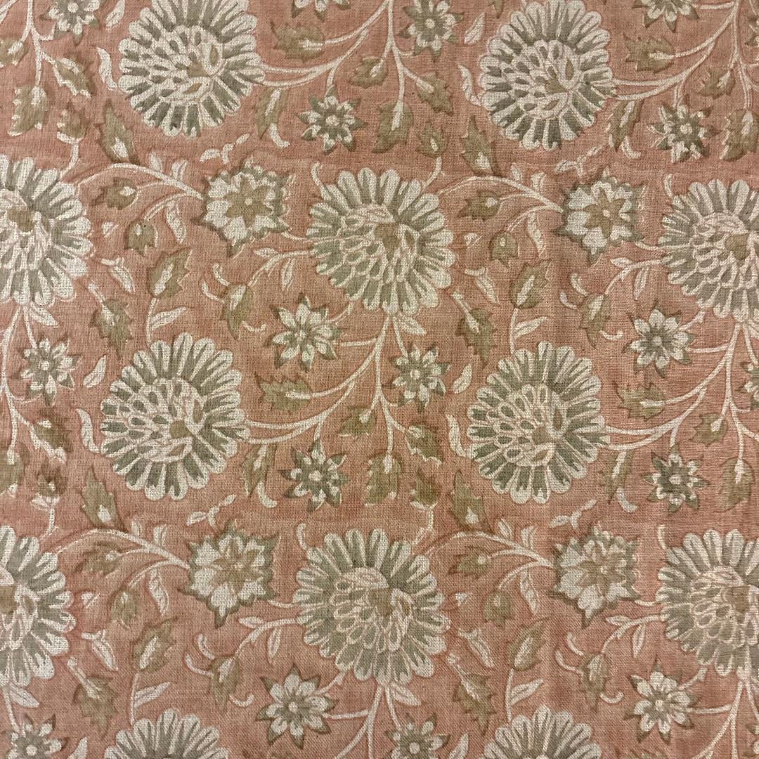 Pink & Sage Floral Linen Fabric by the Yard – Hand Block Printed Upholstery Fabric