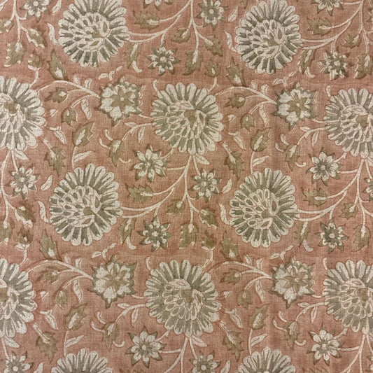 Pink & Sage Floral Linen Fabric by the Yard – Hand Block Printed Upholstery Fabric