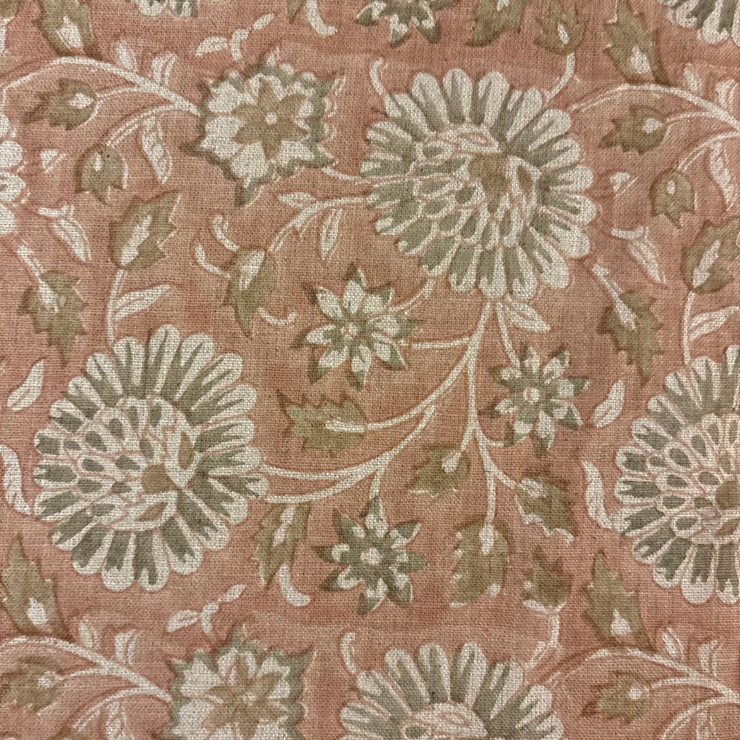 Pink & Sage Floral Linen Fabric by the Yard – Hand Block Printed Upholstery Fabric