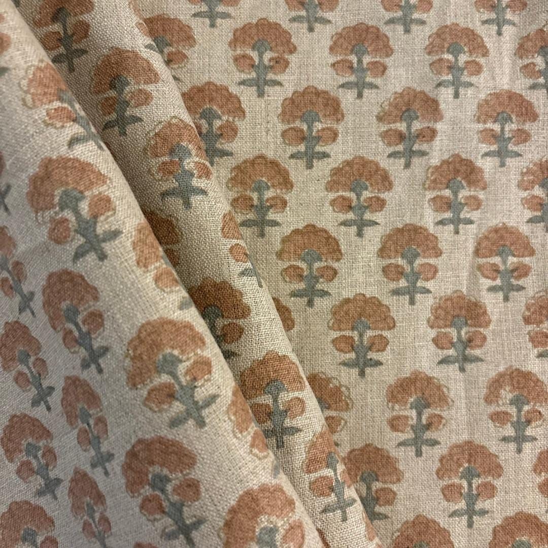 Pink & Teal Floral Linen Fabric by the Yard – Hand Block Printed Upholstery Fabric