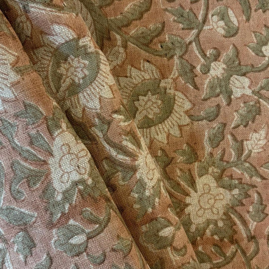 Pink Floral Linen Fabric by the Yard – Hand Block Printed Upholstery Fabric