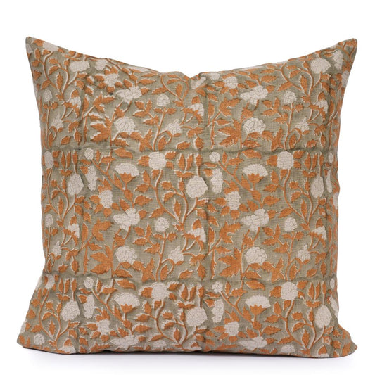 Sage Green Floral Linen Pillow Cover – Mustard Hand Block Printed Farmhouse Throw Pillow