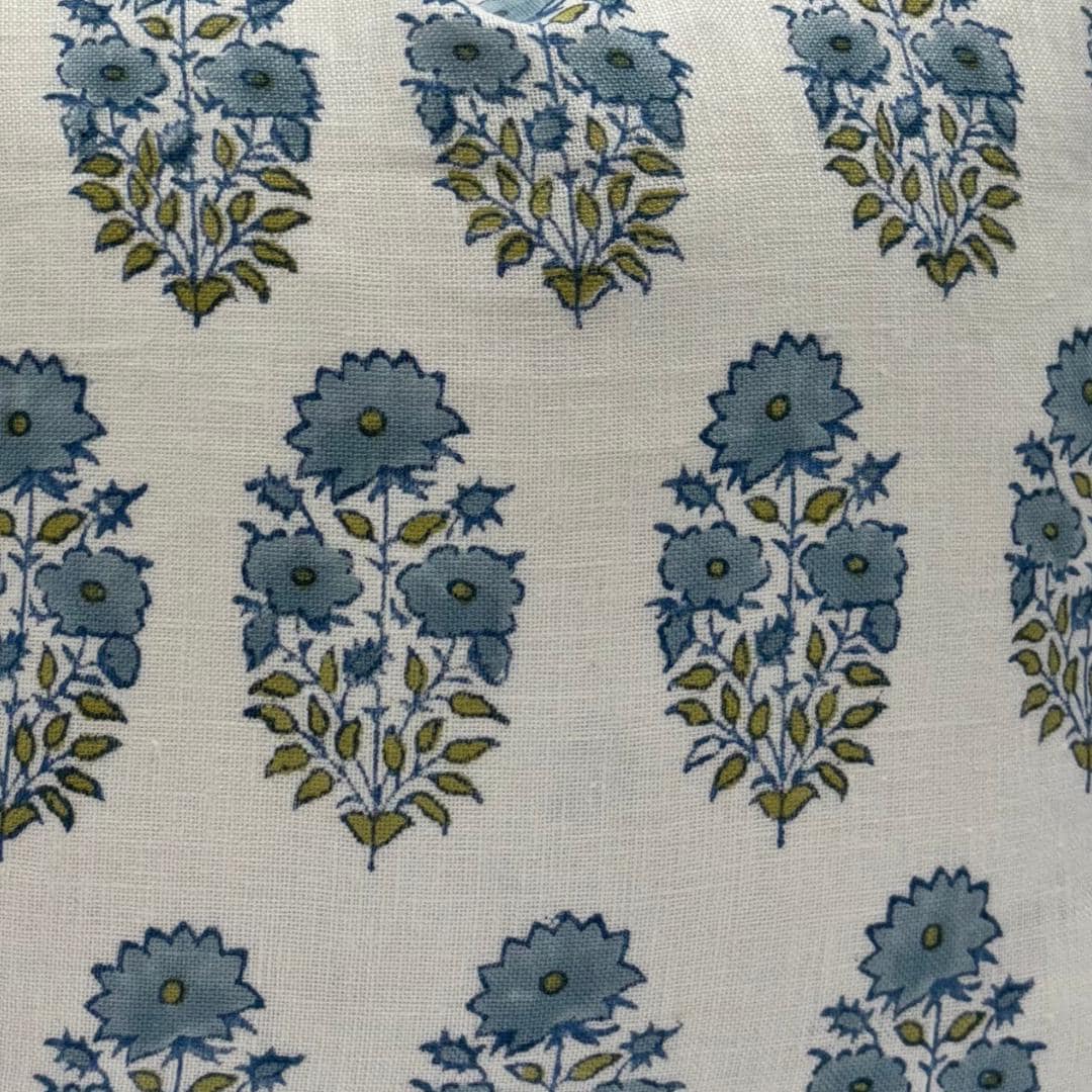 Blue Floral Linen Upholstery Fabric by the Yard – Hand Block Printed Fabric for Curtains & Pillows