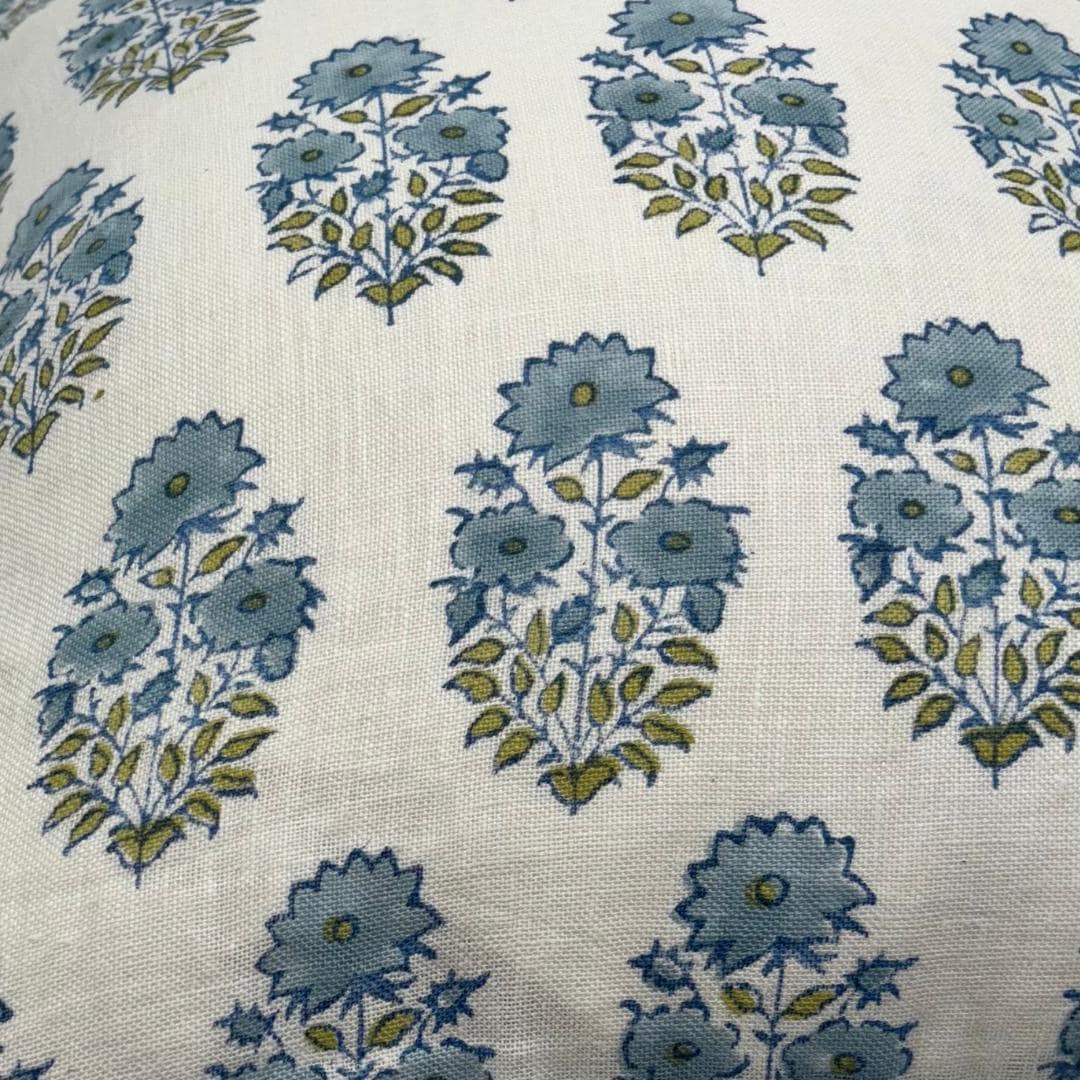 Blue Floral Linen Upholstery Fabric by the Yard – Hand Block Printed Fabric for Curtains & Pillows