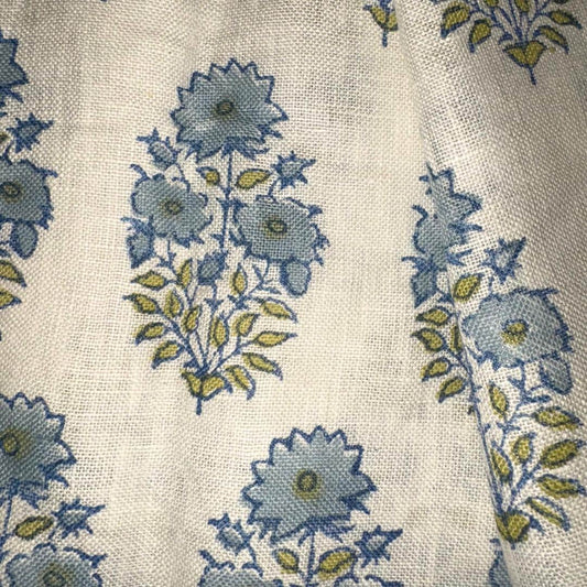 Blue Floral Linen Upholstery Fabric by the Yard – Hand Block Printed Fabric for Curtains & Pillows