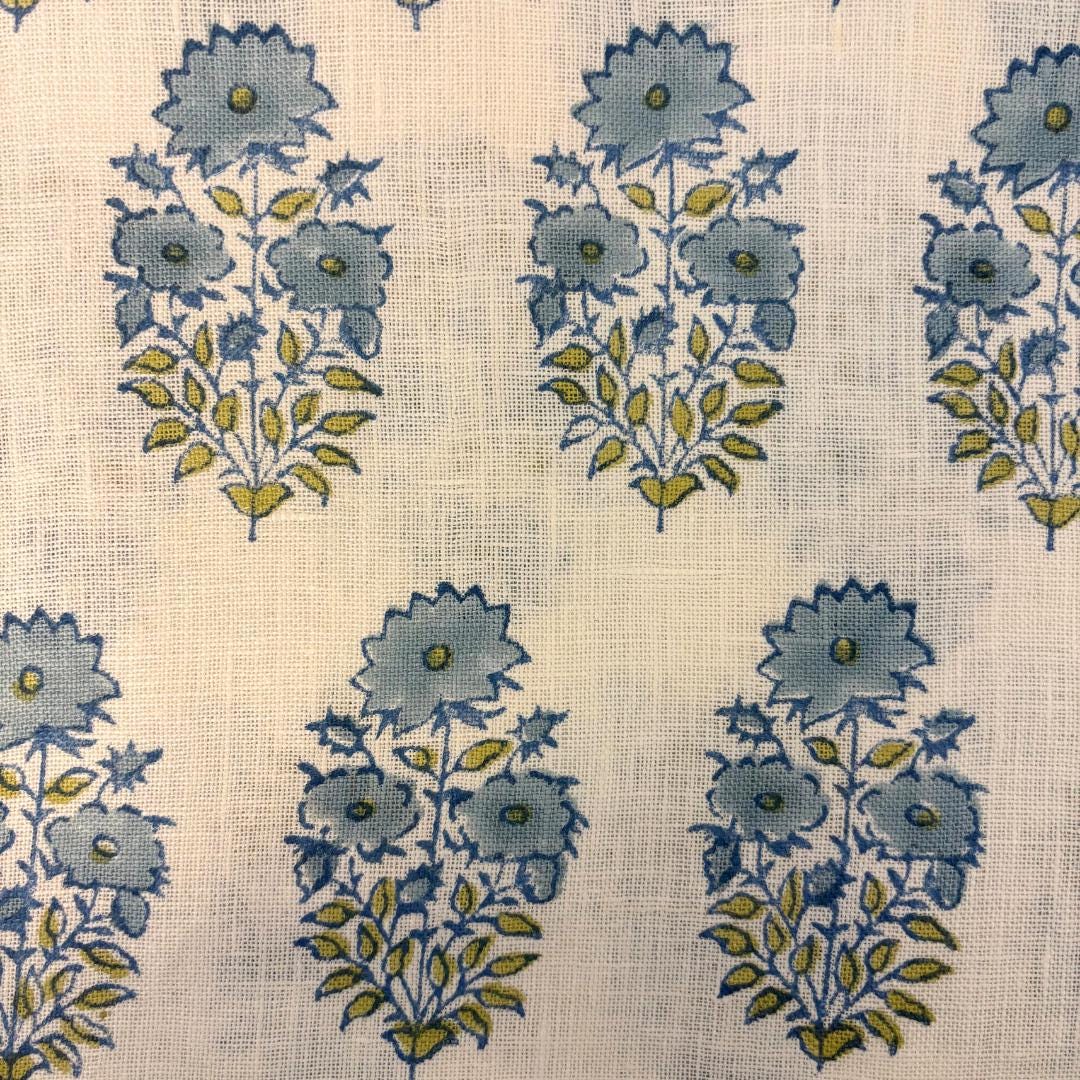 Blue Floral Linen Upholstery Fabric by the Yard – Hand Block Printed Fabric for Curtains & Pillows