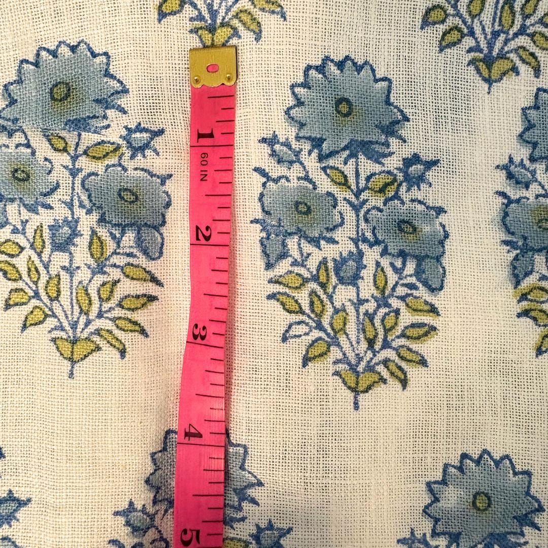 Blue Floral Linen Upholstery Fabric by the Yard – Hand Block Printed Fabric for Curtains & Pillows