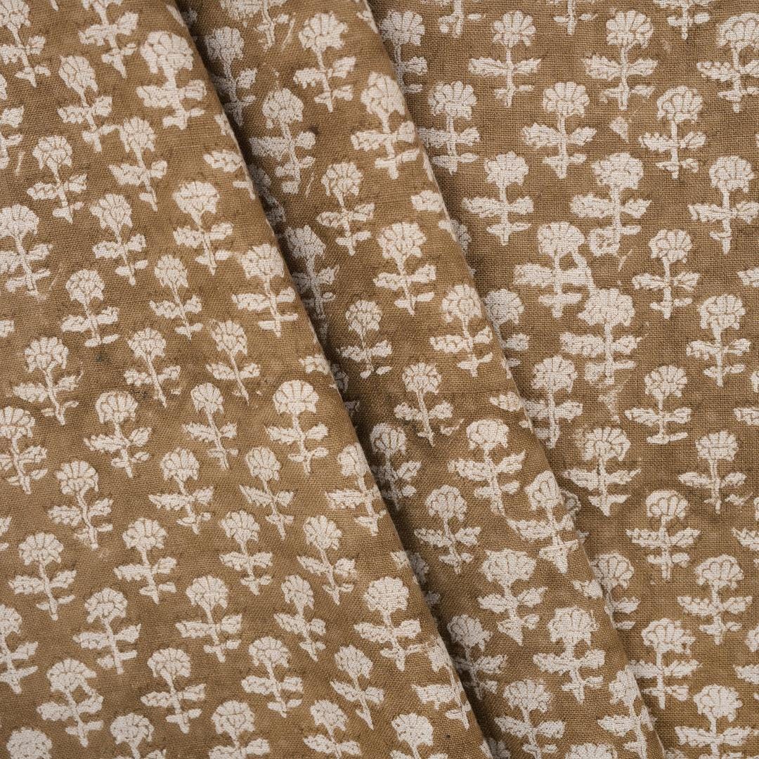 Brown Floral Linen Upholstery Fabric by the Yard – Hand Block Printed Fabric for Curtains & Pillows