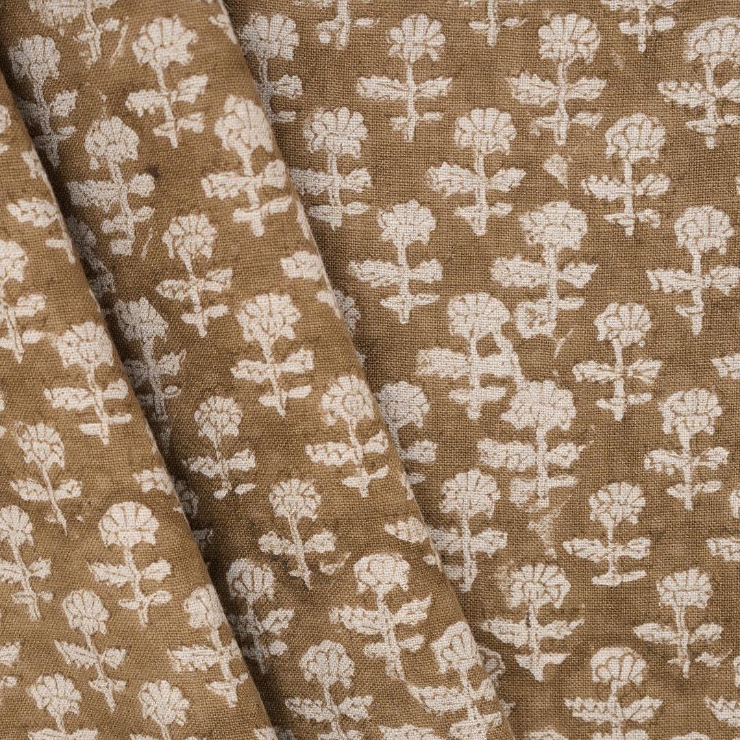 Brown Floral Linen Upholstery Fabric by the Yard – Hand Block Printed Fabric for Curtains & Pillows