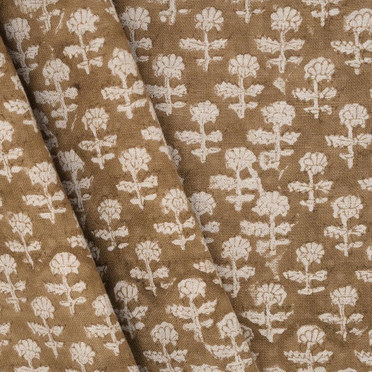 Brown Floral Linen Upholstery Fabric by the Yard – Hand Block Printed Fabric for Curtains & Pillows
