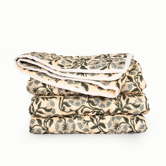 Floral Block Print Quilt – Handmade Cotton Bedspread, French Country Cottage Farmhouse Bedding