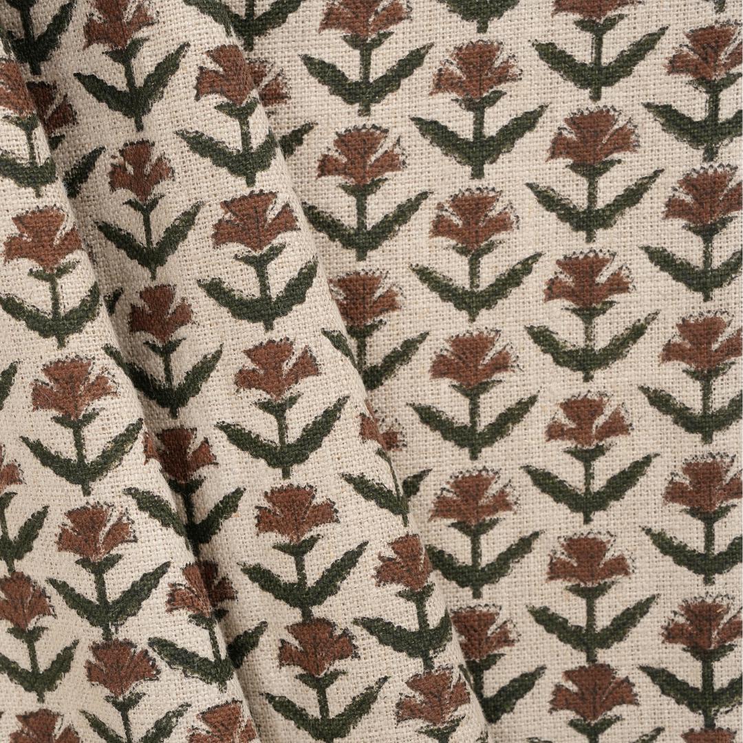 Red Floral Upholstery Fabric by the Yard – Hand Block Printed Linen for Home Décor