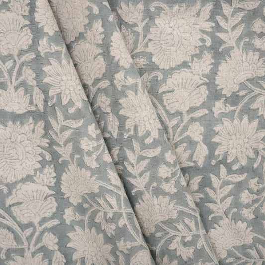 Teal Blue Floral Linen Upholstery Fabric by the Yard – Hand Block Printed Fabric for Curtains & Pillows