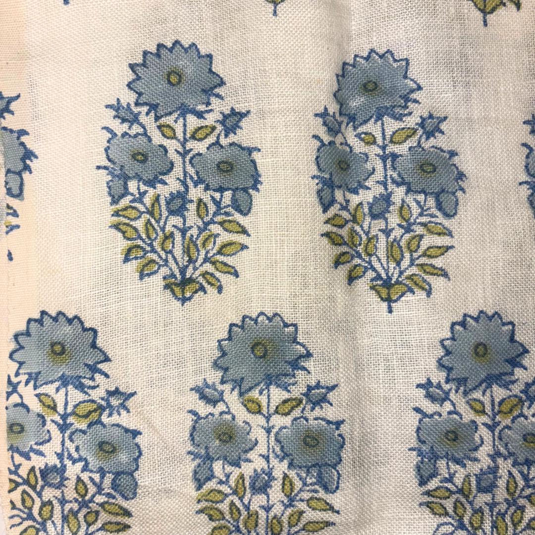 Blue Floral Linen Upholstery Fabric by the Yard – Hand Block Printed Fabric for Curtains & Pillows