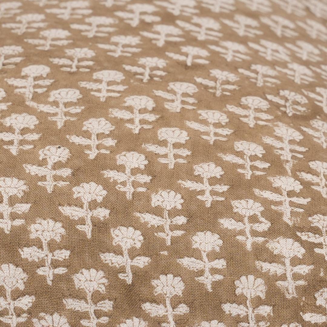 Brown Floral Linen Upholstery Fabric by the Yard – Hand Block Printed Fabric for Curtains & Pillows