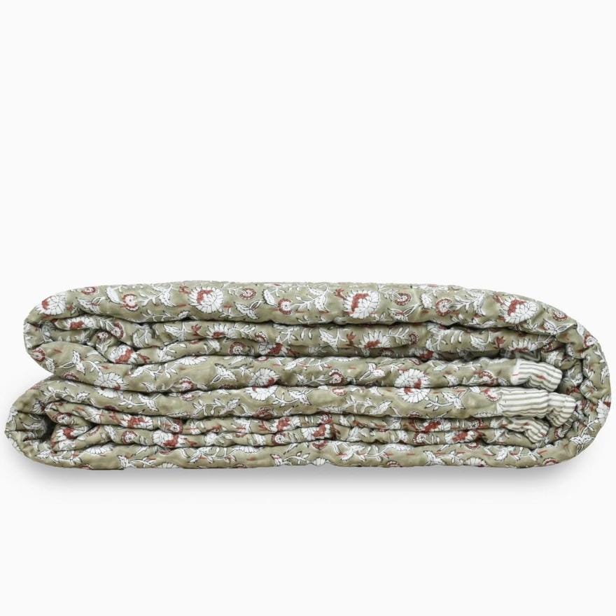 Green Floral Block Print Quilt – Handmade Cotton Bedspread, French Country Farmhouse Cottage Bedding