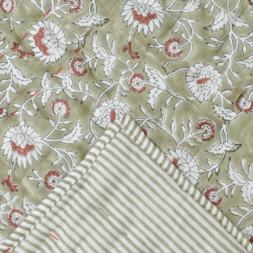Green Floral Block Print Quilt – Handmade Cotton Bedspread, French Country Farmhouse Cottage Bedding
