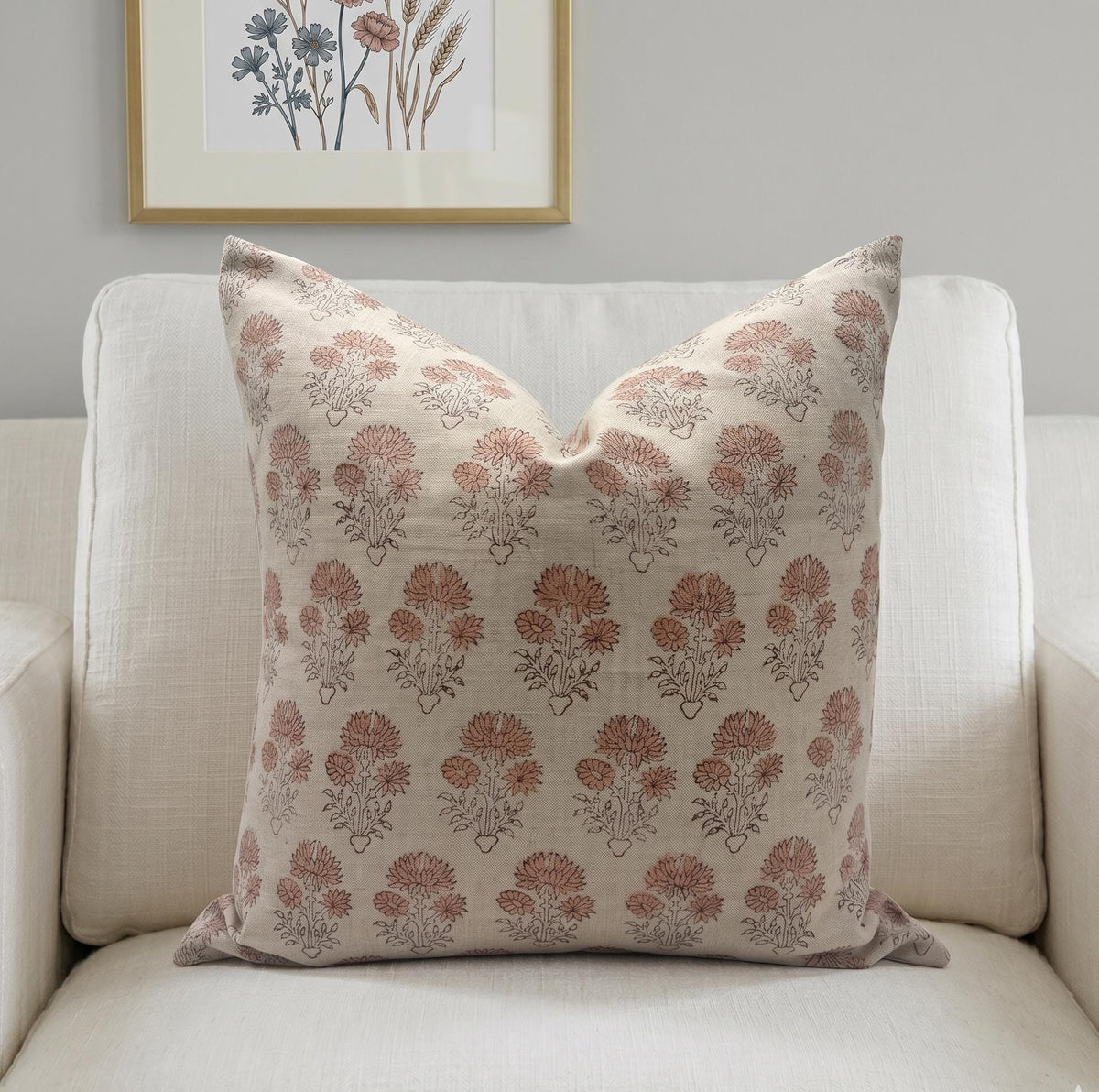 Peach Floral Linen Pillow Cover – Hand Block Printed Farmhouse Throw Pillow