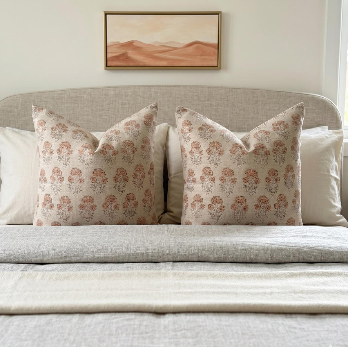 Peach Floral Linen Pillow Cover – Hand Block Printed Farmhouse Throw Pillow