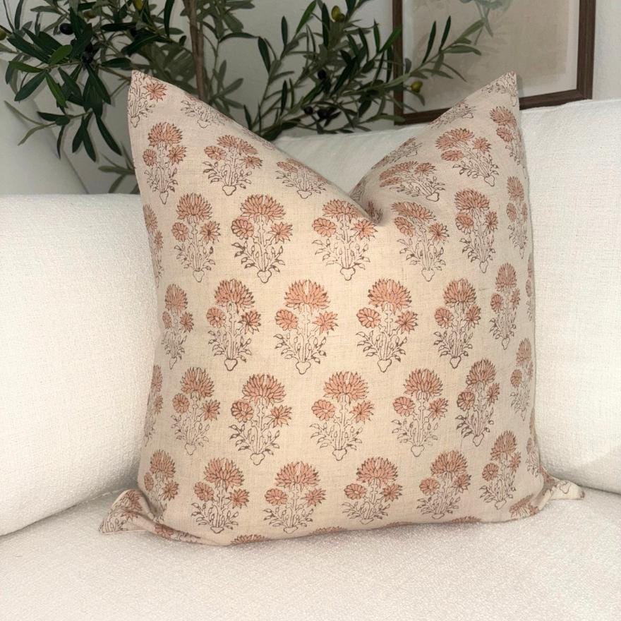 Peach Floral Linen Pillow Cover – Hand Block Printed Farmhouse Throw Pillow